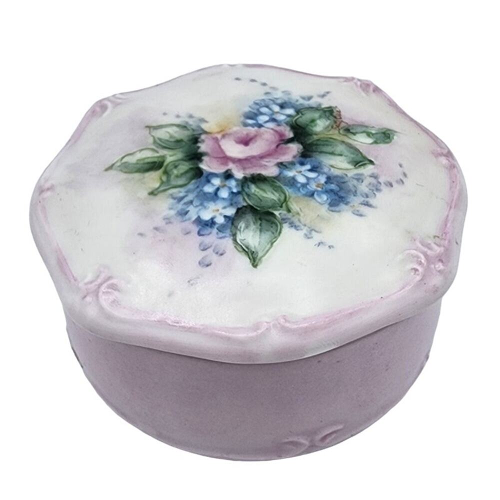 Vintage 1993 Hand Painted by Betty Dale Round Purple Flower Ceramic Keepsake Box